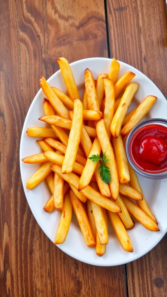 Crispy golden potato fries on a white plate with dipping sauces.